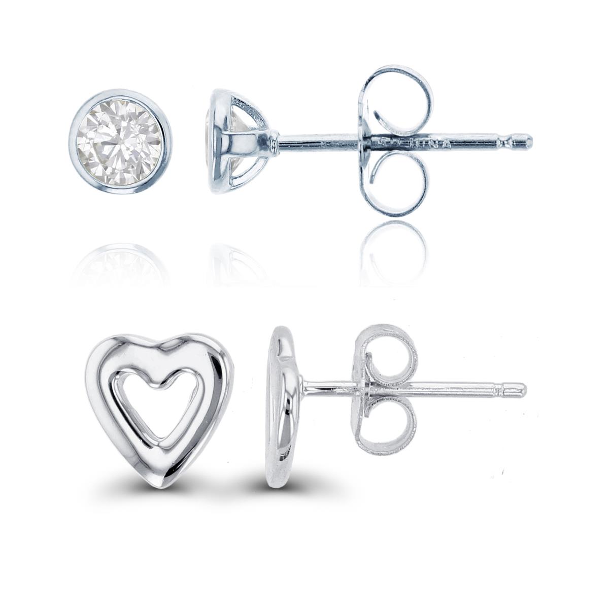 Sterling Silver Rhodium High Polish Open Puffy Heart & 3mm Rd Cut CZ Bezel Stud Earring Set