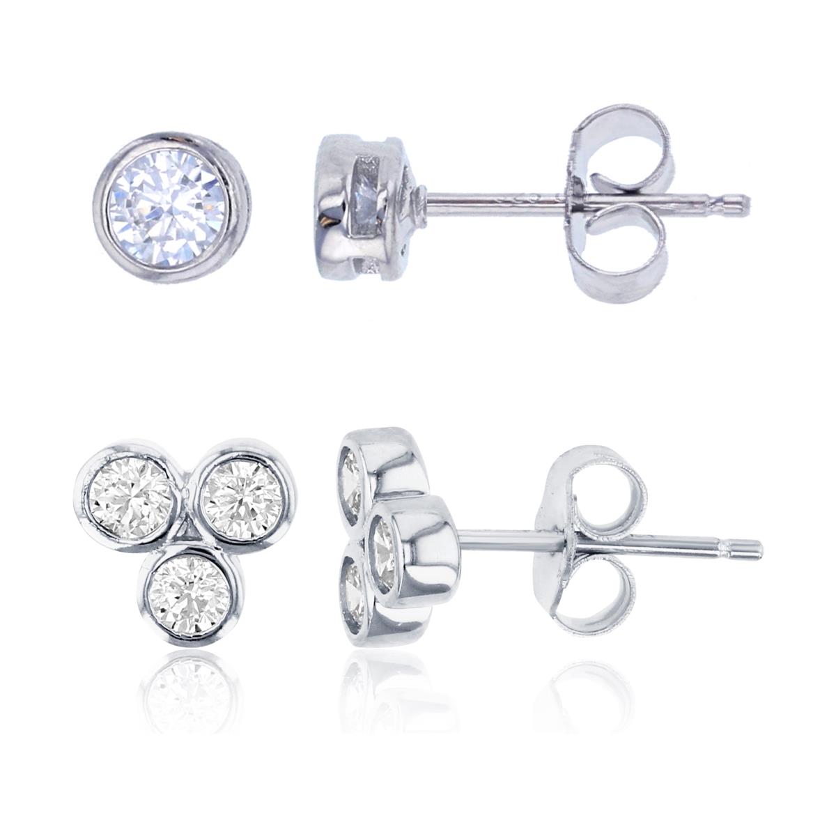Sterling Silver Rhodium 3mm Rd CZ Bezel Split Circles & 4mm Rd Bezel Stud Earring Set