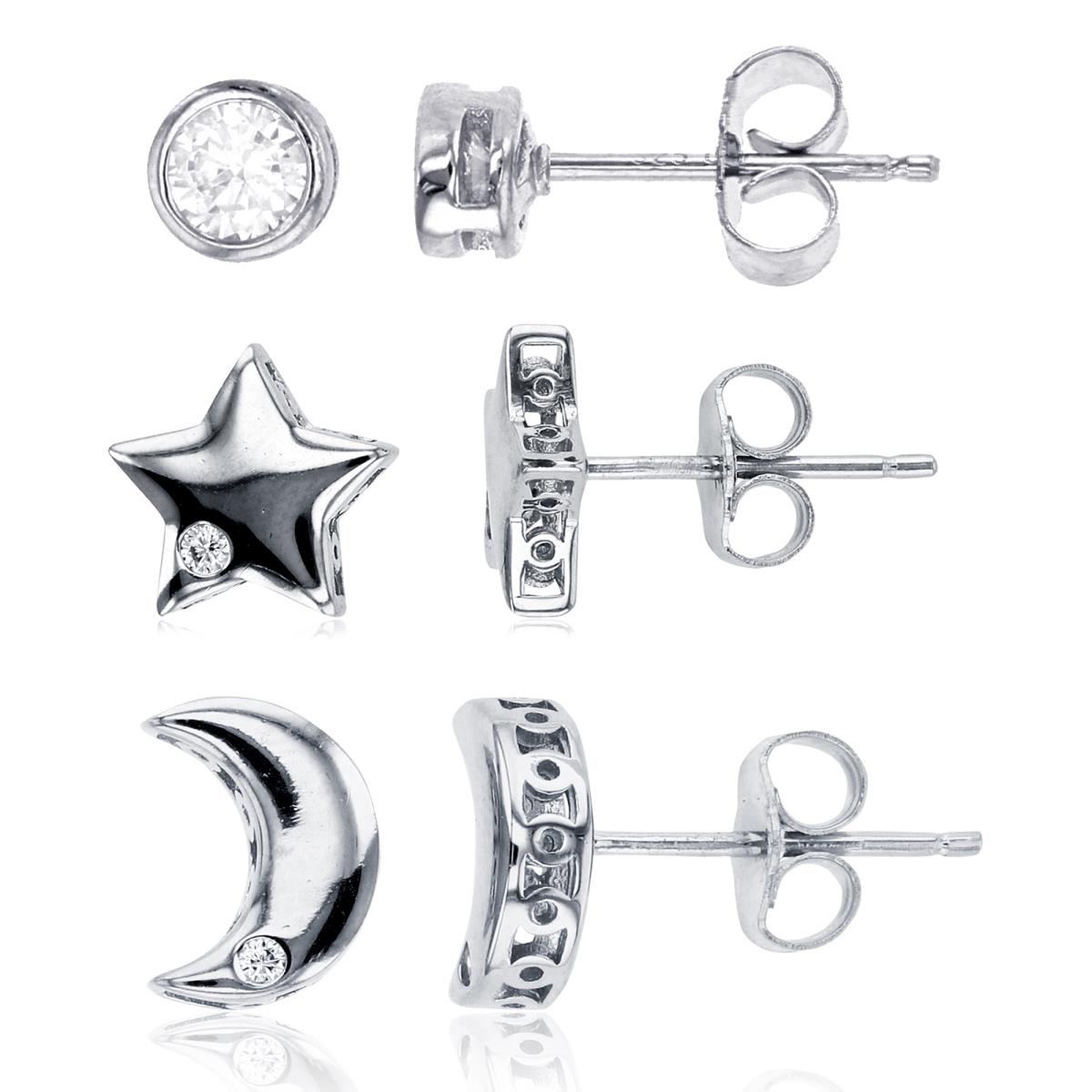 Sterling Silver Rhodium Star, Crescent Moon & 3mm Rd CZ Bezel Stud Earring Set