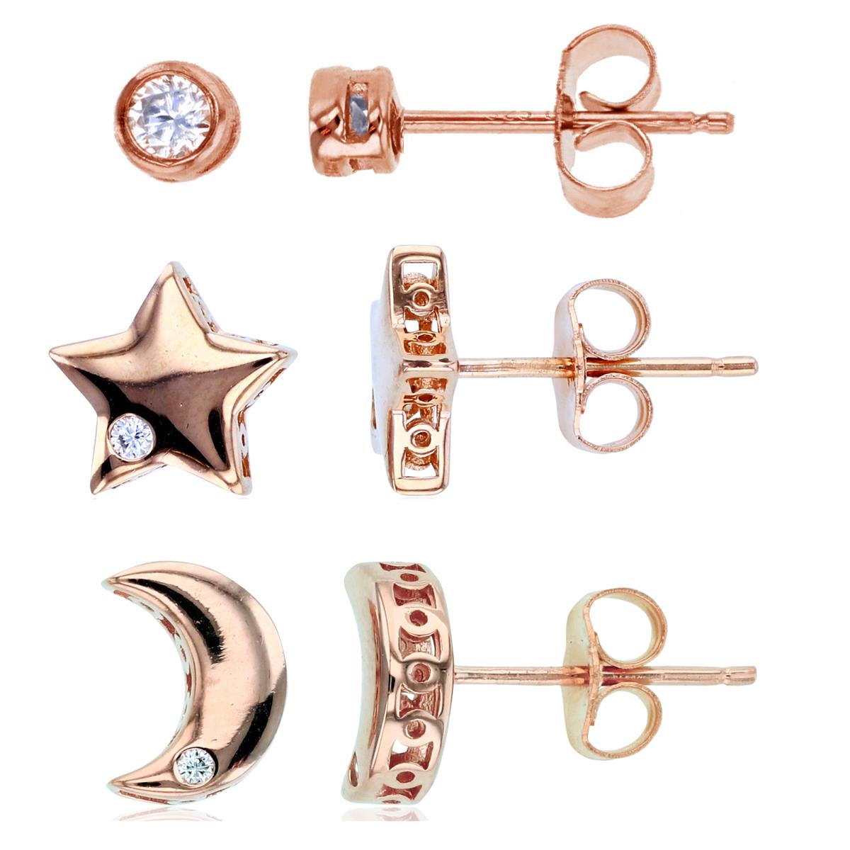 Sterling Silver Rose Star, Crescent Moon & 3mm Rd CZ Bezel Stud Earring Set