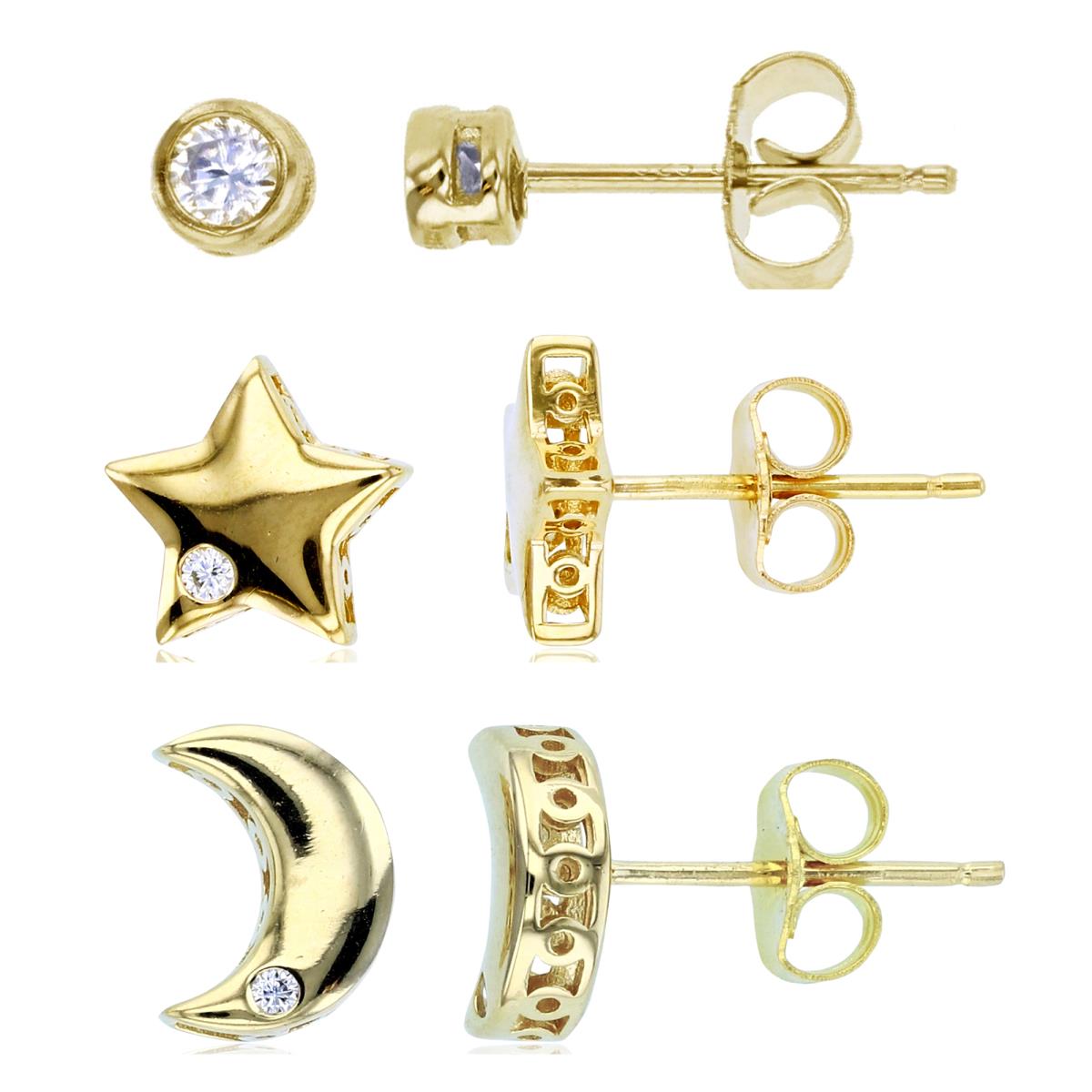 Sterling Silver Yellow Star, Crescent Moon & 3mm Rd CZ Bezel Stud Earring Set