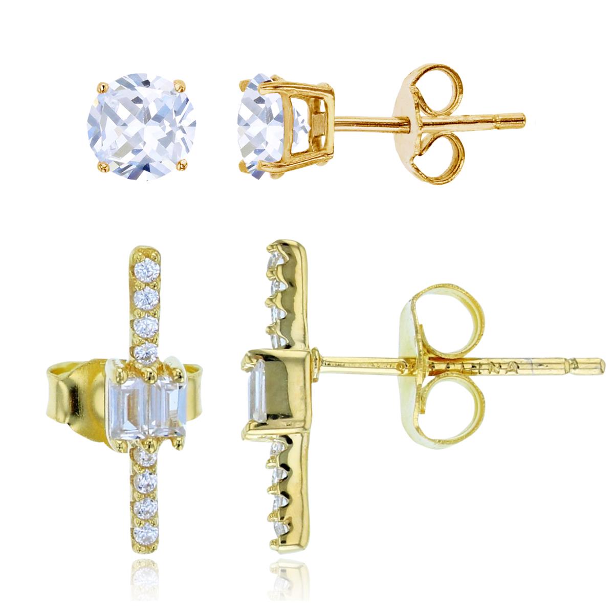 Sterling Silver Yellow SB & Rnd CZ Vertical & 4mmRound Stud Earring Set