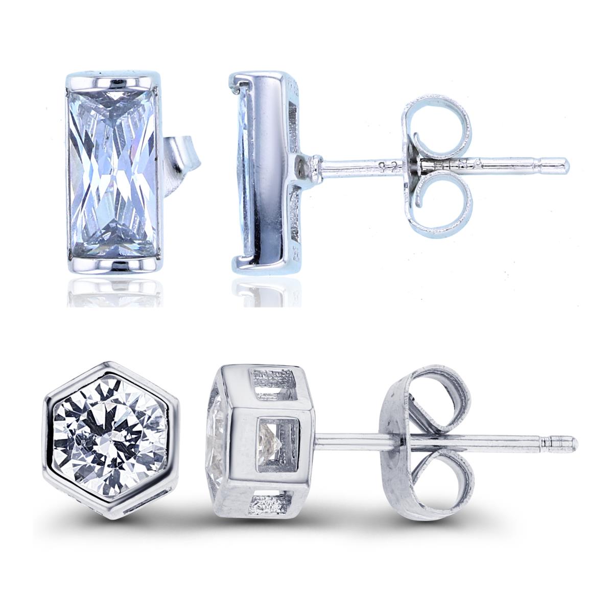 Sterling Silver Rhodium 5mm Rd CZ Bezel Hexagon & 8x4mm Octagon Stud Earring Set