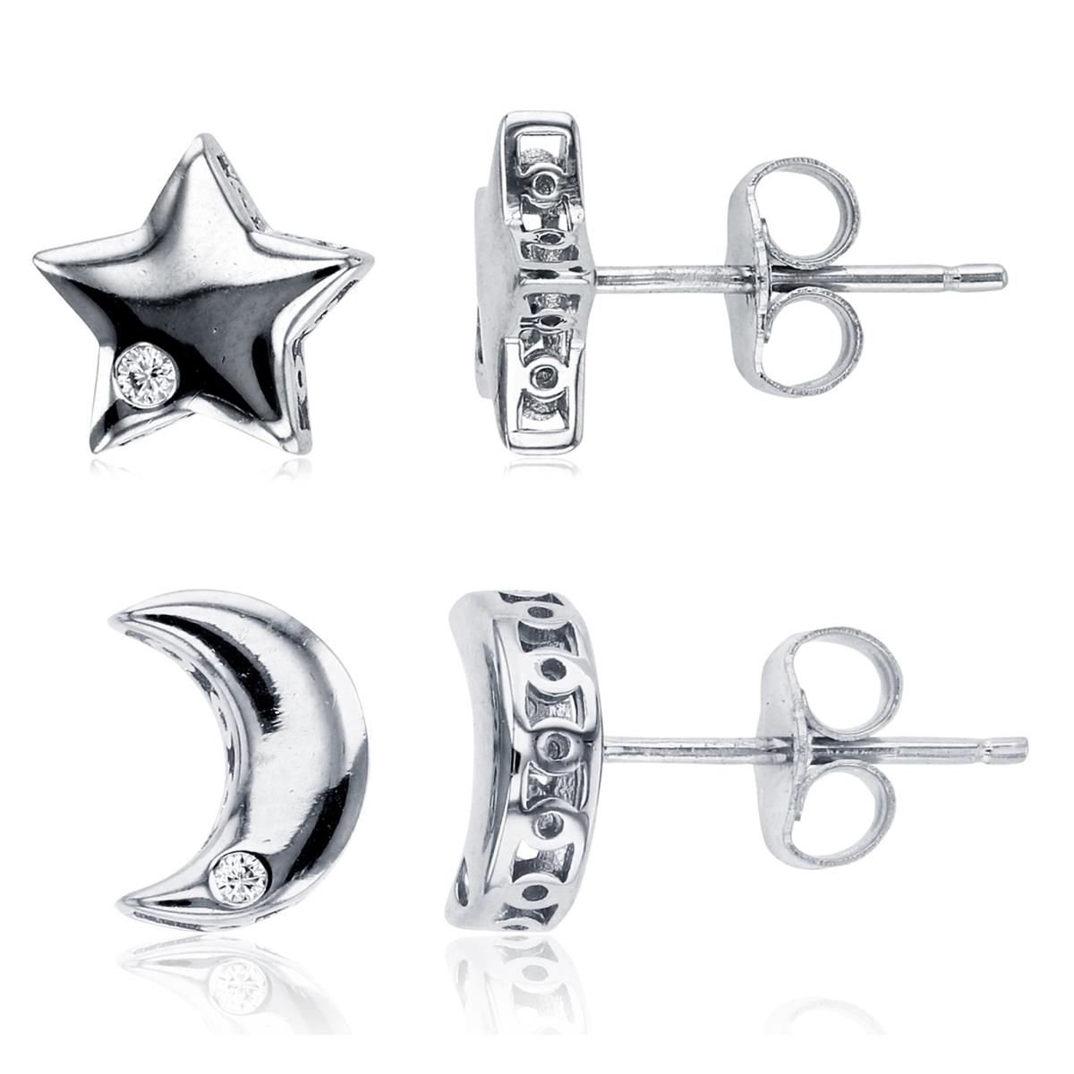 Sterling Silver Rhodium Star & Crescent Moon Stud Earring Set