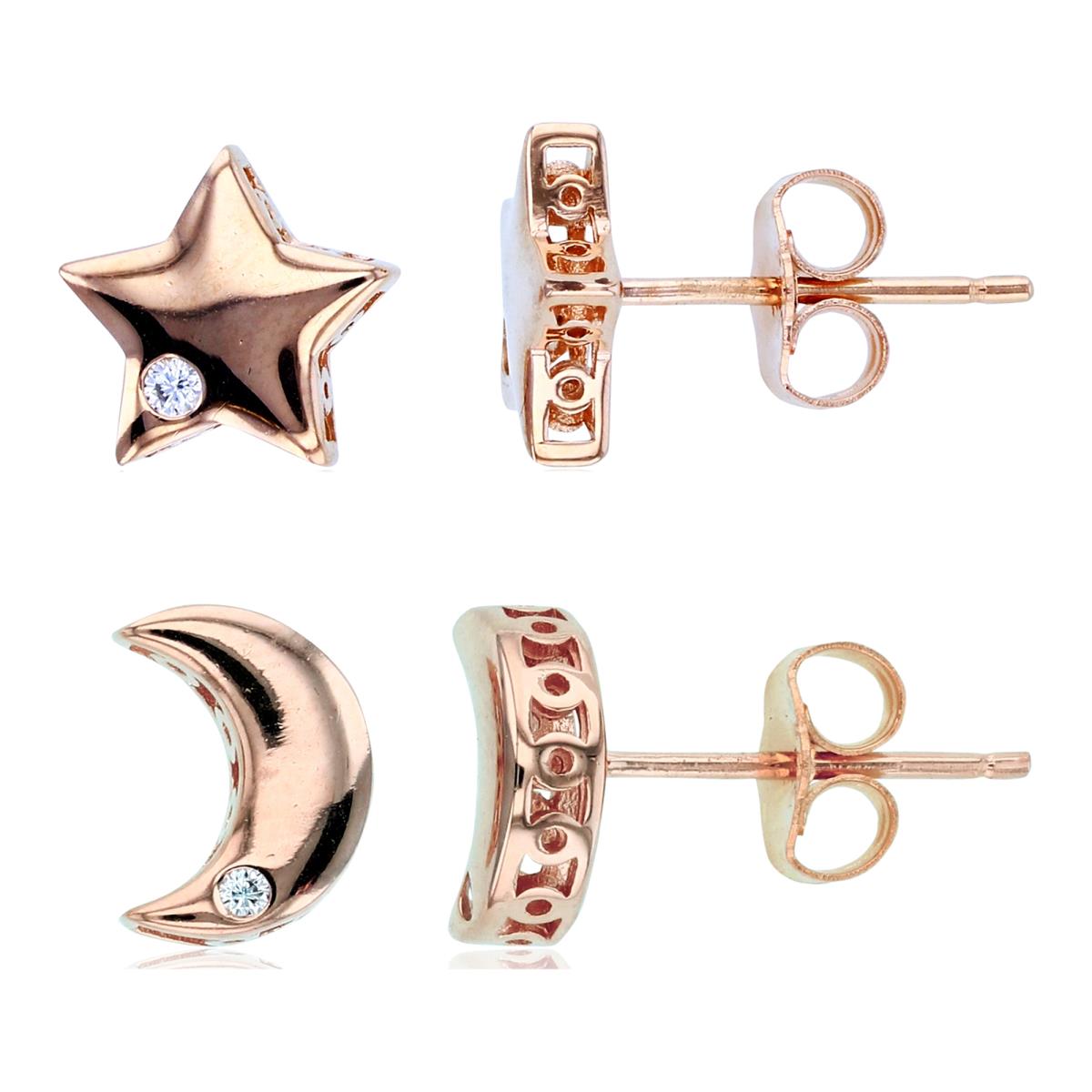 Sterling Silver Rose Star & Crescent Moon Stud Earring Set