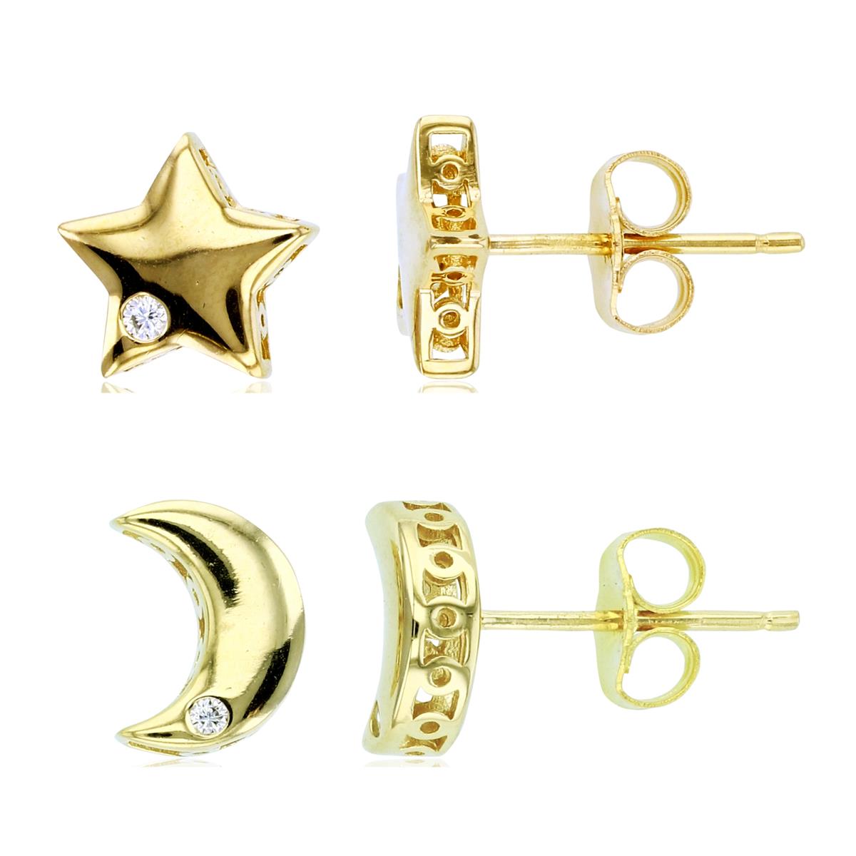Sterling Silver Yellow Star & Crescent Moon Stud Earring Set