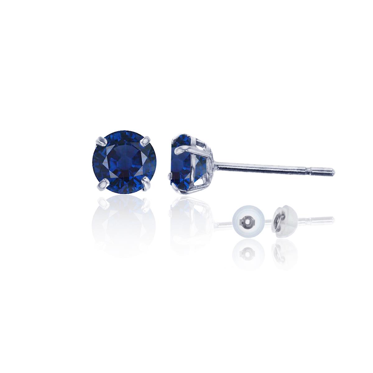 14K White Gold 4.00mm Round Blue Sapphire Stud Earring