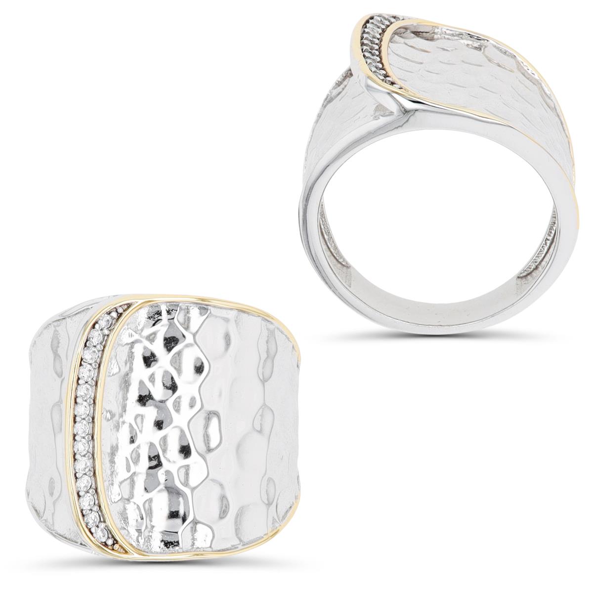 Sterling Silver Yellow & Rhodium Hammered CZ Overlapped Fashion Ring
