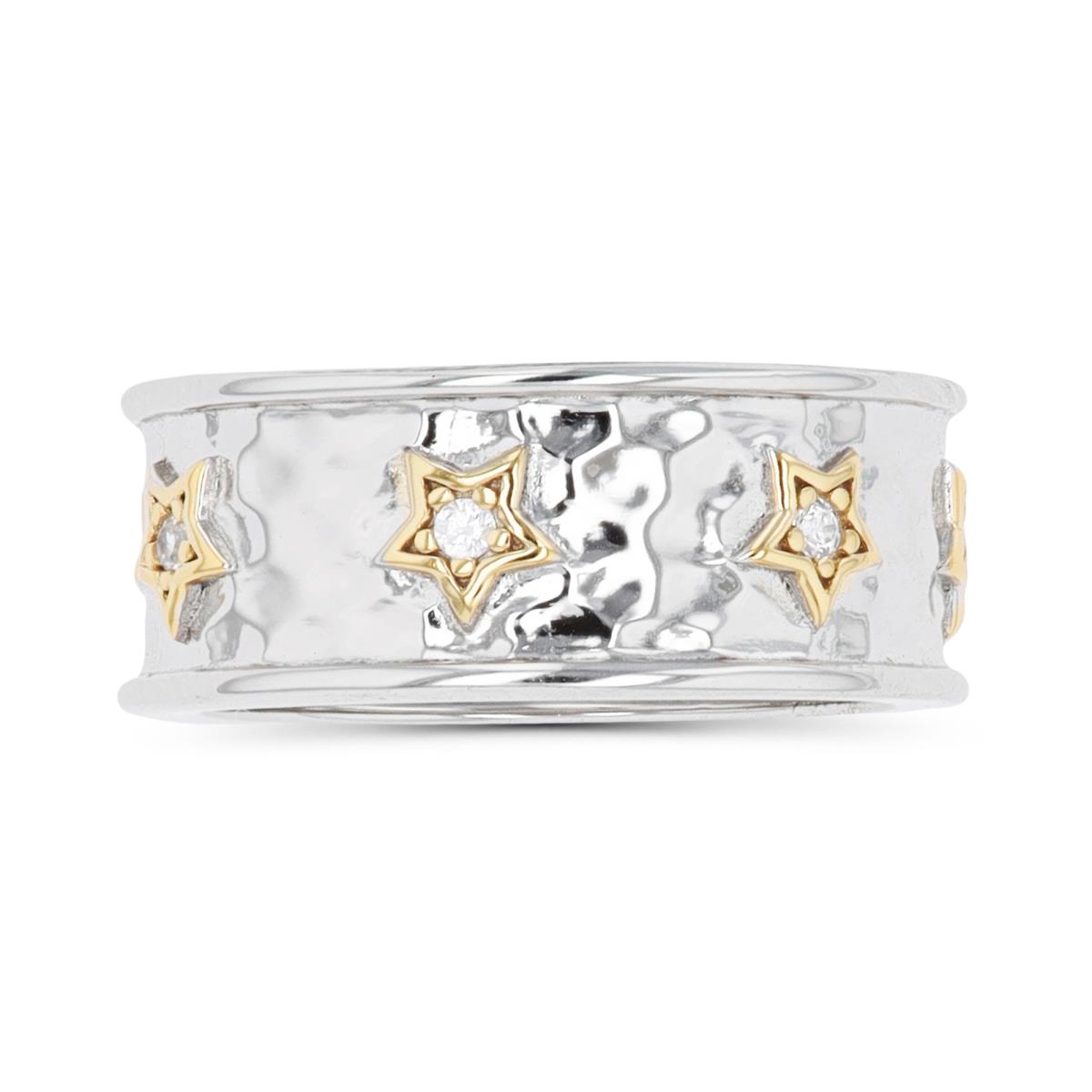 Sterling Silver Yellow & Rhodium CZ Stars Hammered Ring