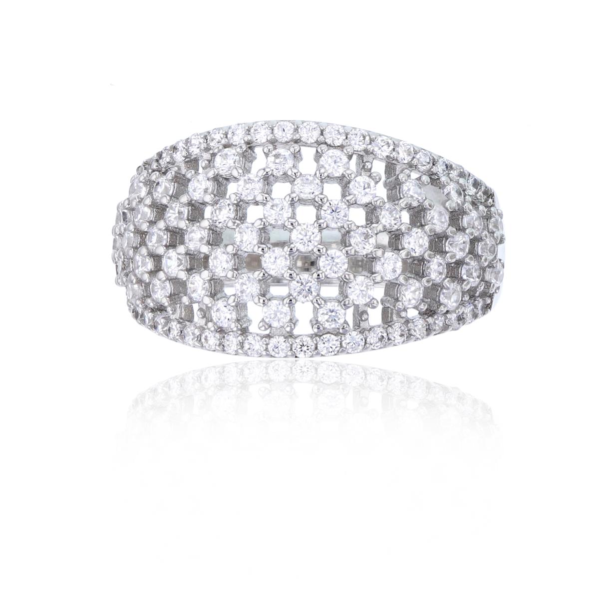 Sterling Silver Rhodium Micropave Rd Cut CZ Honeycomb Domed Fashion Ring