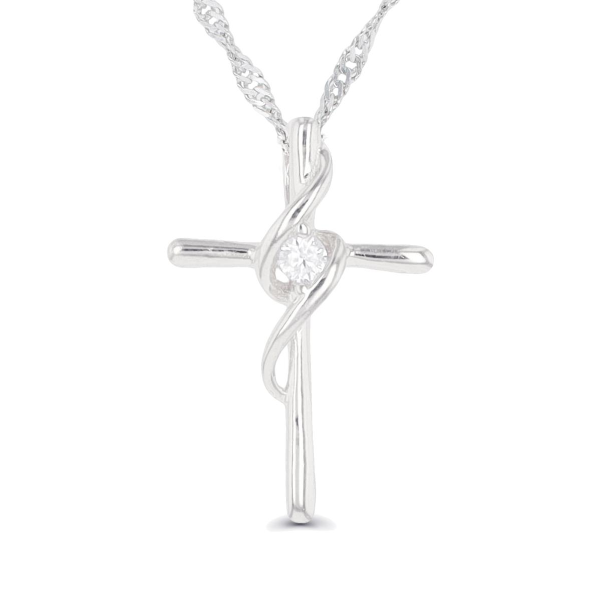 Sterling Silver Rhodium 1.80mm Rd CZ Cross 10"+2" Singapore Necklace