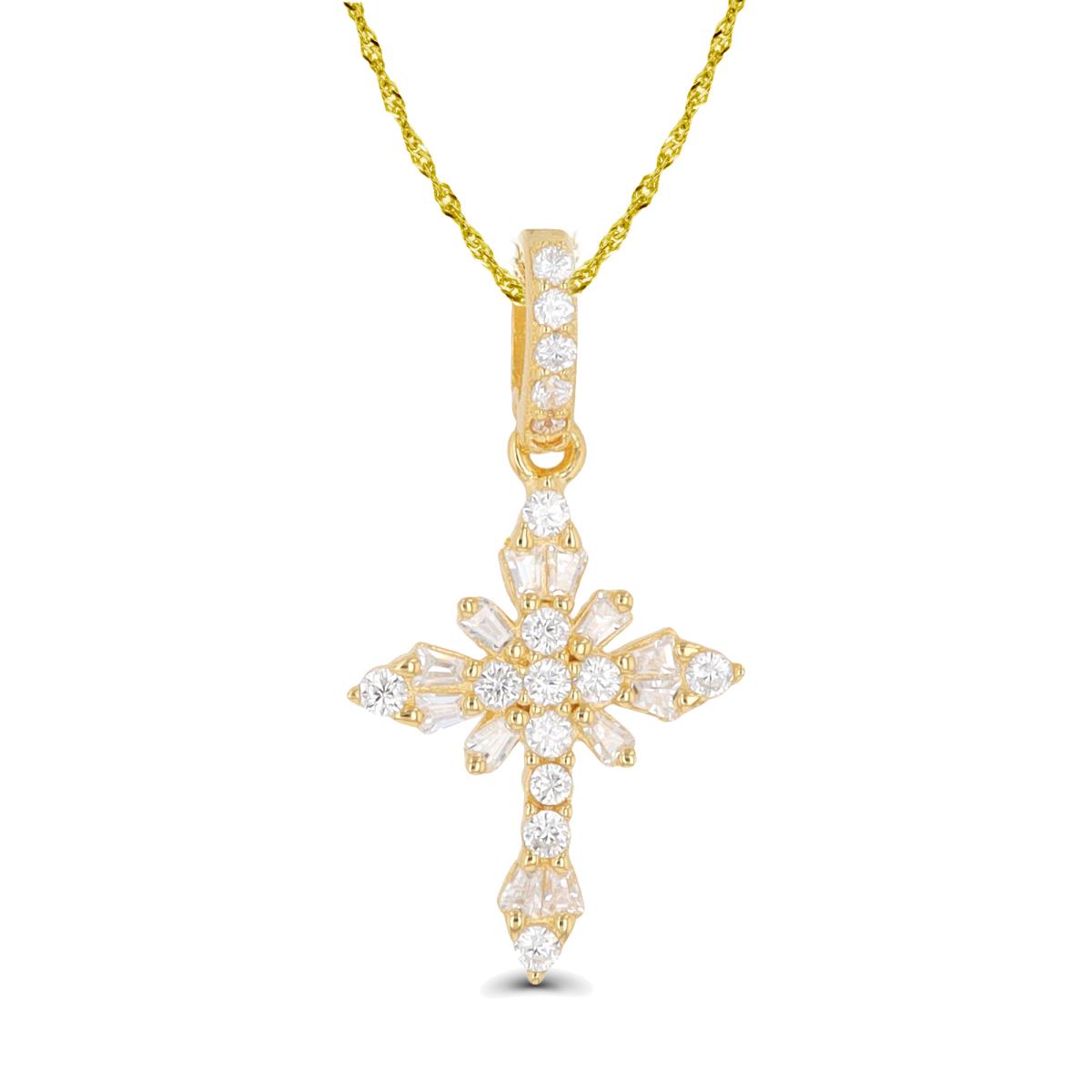Sterling Silver Yellow 1-Micron Round & Baguette CZ Cross 10"+2" Singapore Necklace