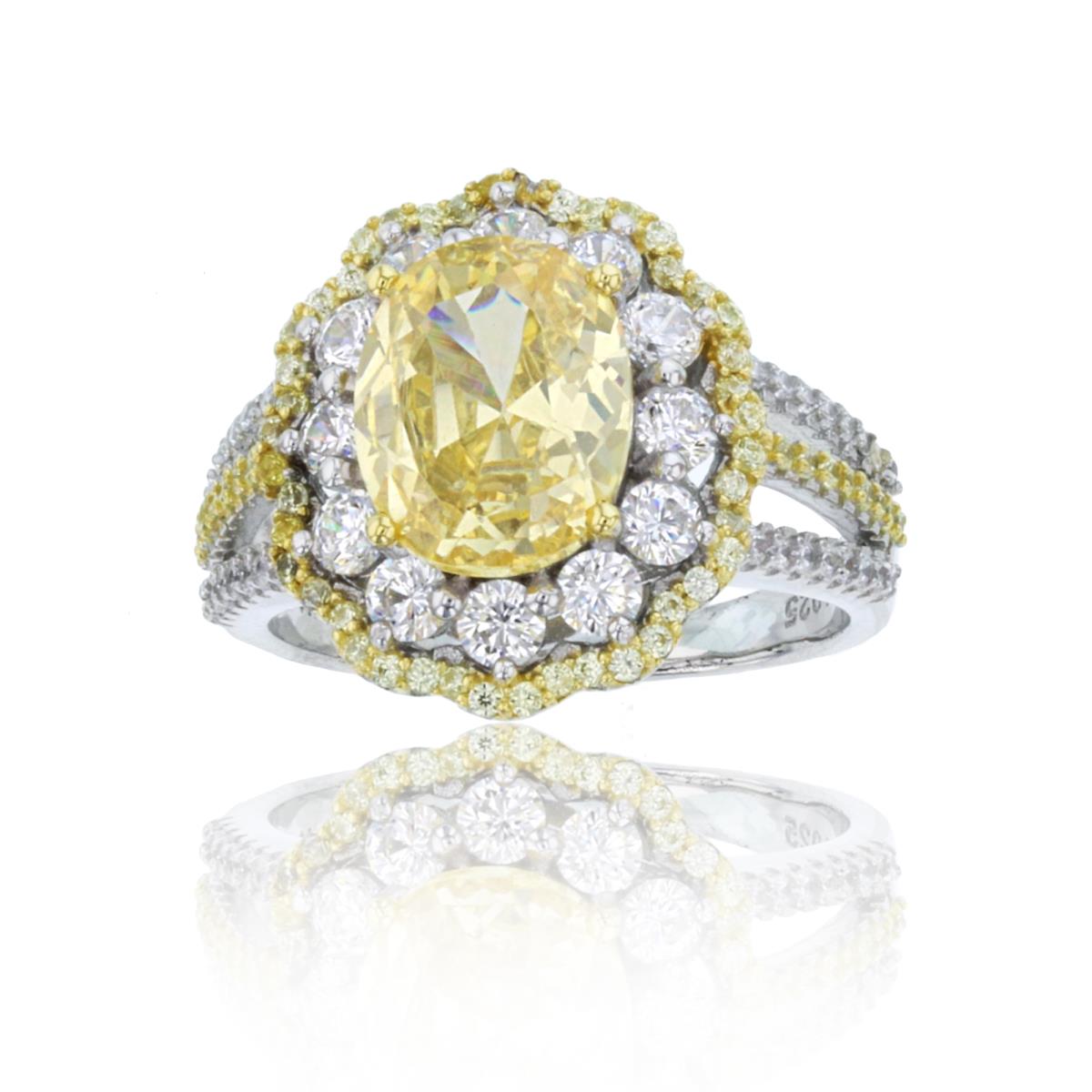 Sterling Silver Two-Tone 10x8mm Ov Yellow Canary CZ Center & Rnd White/Yellow CZ Halo Ring