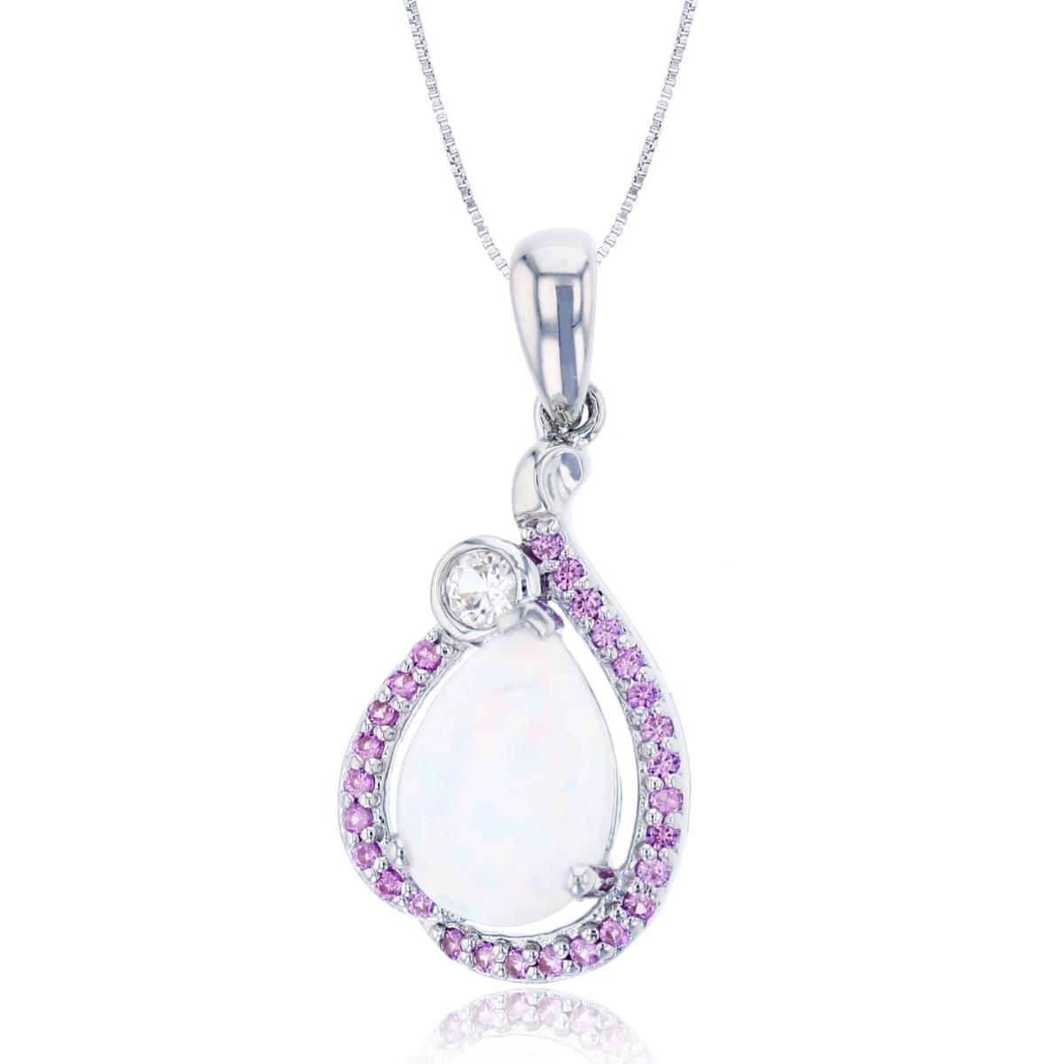 Sterling Silver Rhodium Created Opal & Created White & Pink Sapphire Pear Shape 16"+1"+1" Box Neckalce