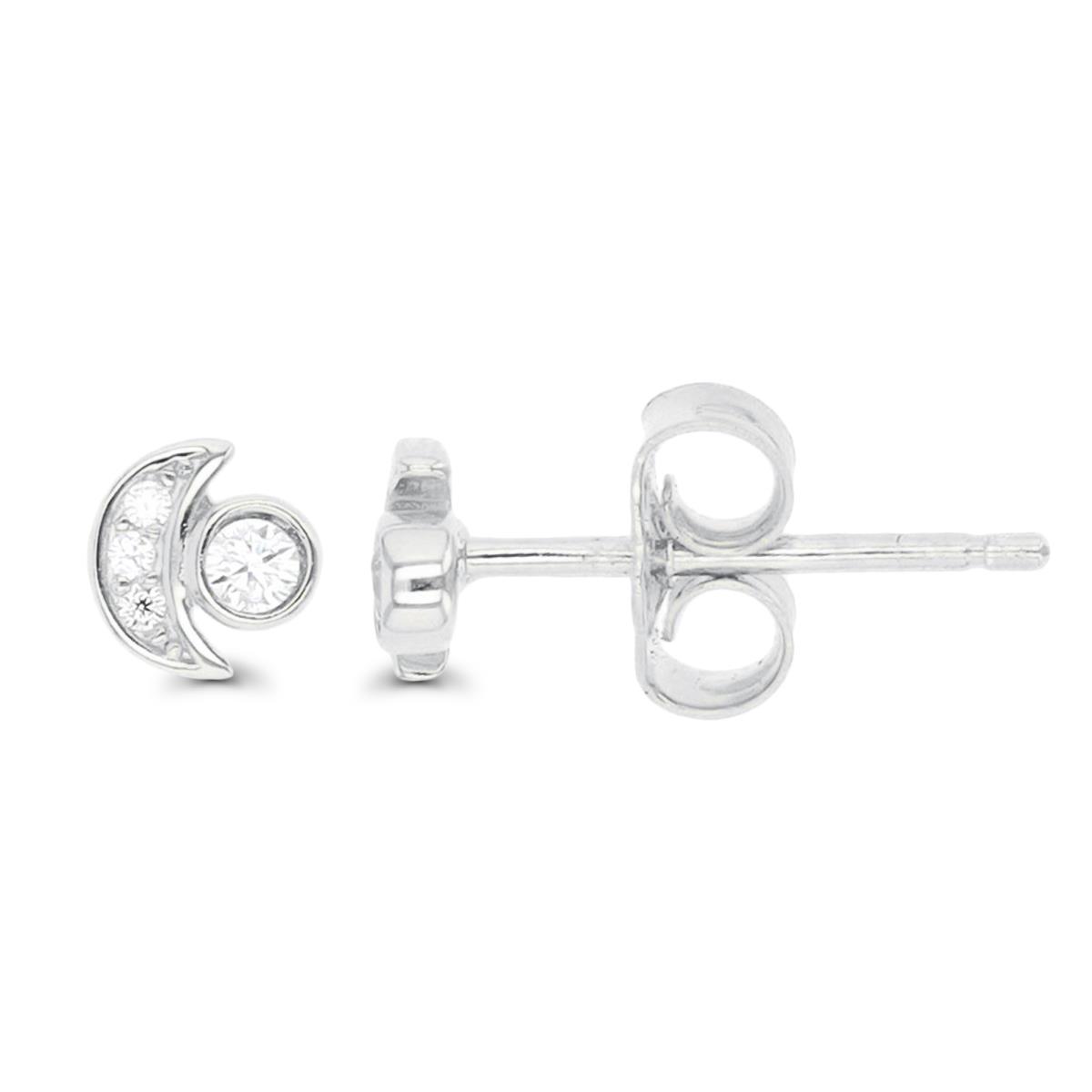 Sterling Silver Rhodium CZ Circle & Crescent Moon Stud Earring