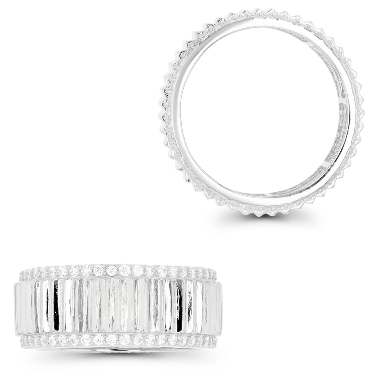 Sterling Silver Rhodium CZ Grooved Eternity Ring