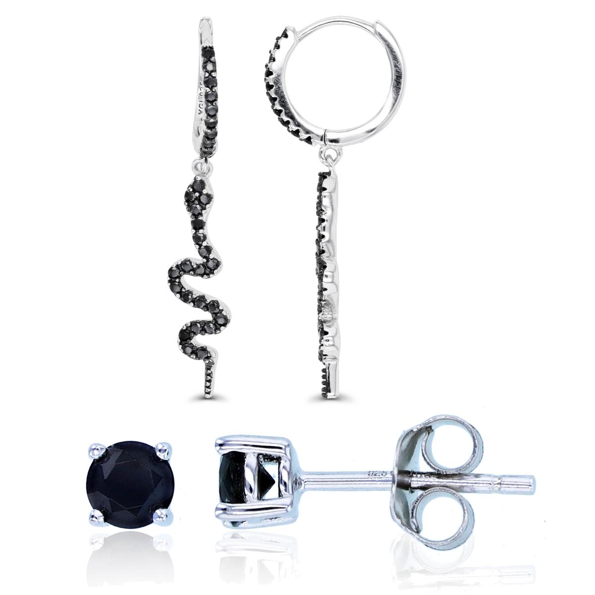 Sterling Silver Black & Rhodium Black Spinel Snake & 4mm Solitaire Earring Set 
