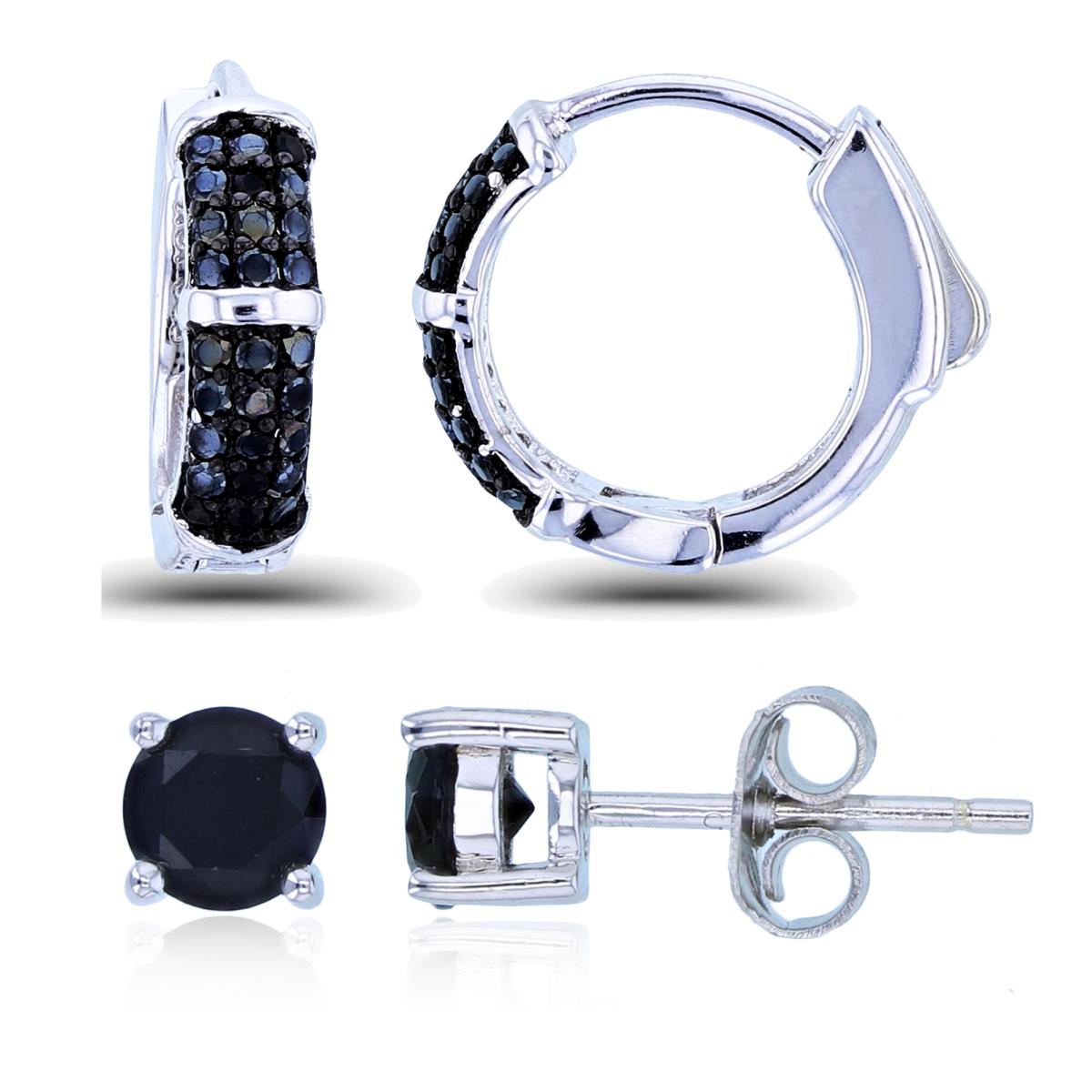Sterling Silver Two-Tone 4mm Rd Cut Black Spinel Puffy Huggie & 5mm Solitaire Stud Earring Set