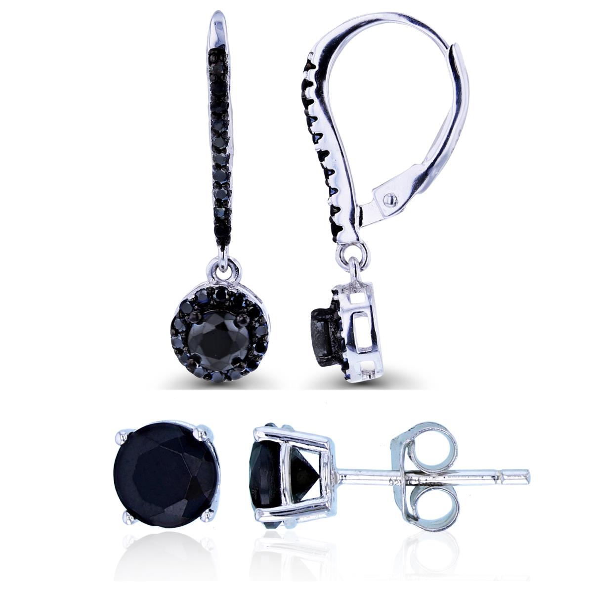 Sterling Silver Two-Tone 4mm Rd Cut Black Spinel Halo Leverback & 6mm Solitaire Stud Earring Set