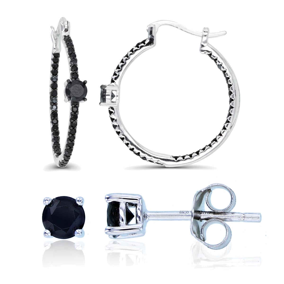 Sterling Silver Two-Tone 4mm/1.25mm Rd Black Spinel Hoop & 4mm Solitaire Stud Earring Set