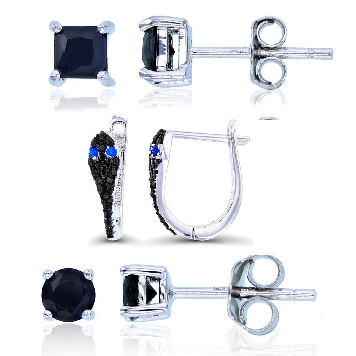 Sterling Silver Two-Tone Rd Black Spinel Snake Huggie/ 4mm Rd & 4mm Sq Solitaire Stud Earring Set