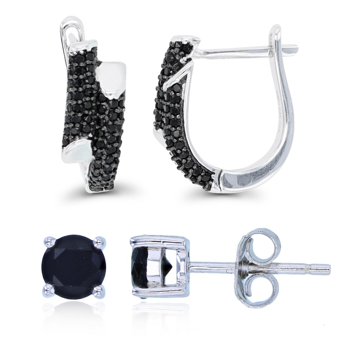 Sterling Silver Black & Rhodium Black Spinel Split Huggie & 5mm Rd Solitaire Stud Earring Set