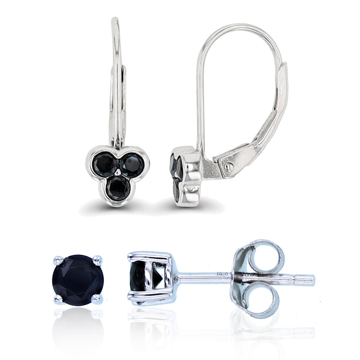 Sterling Silver Rhodium 2.5mm Rd Black Spinel Triple Leverback & 4mm Solitaire Stud Earring Set