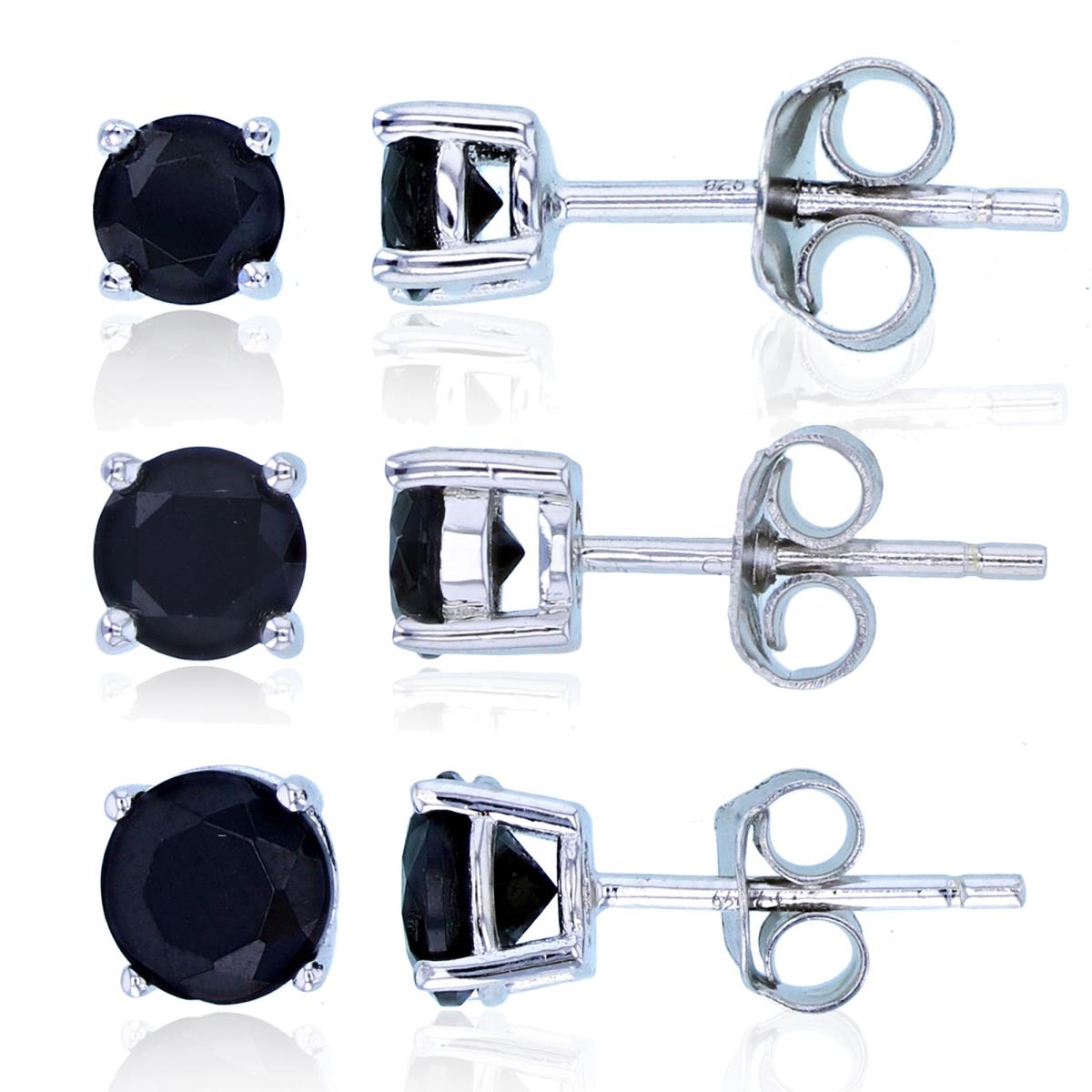 Sterling Silver Rhodium 4mm/5mm/6mm Round Black Spinel Stud Earring Set