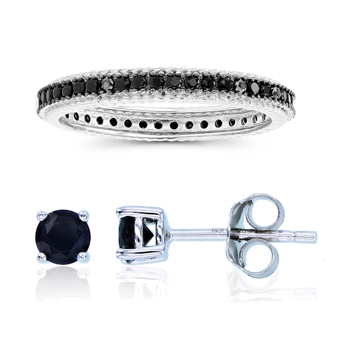 Sterling Silver Black & Rhodium Black Spinel Groove Eternity Ring & 4mm Rd Solitaire Stud Earring Set