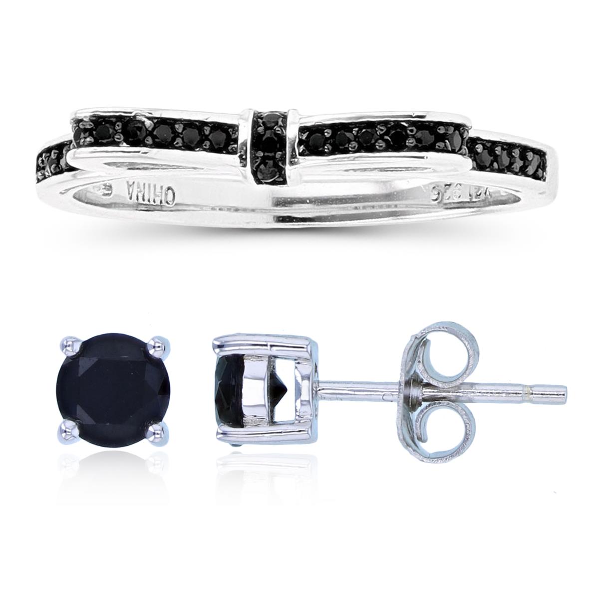 Sterling Silver Black & Rhodium Black Spinel Bow Ring & 5mm Solitaire Stud Earring Set