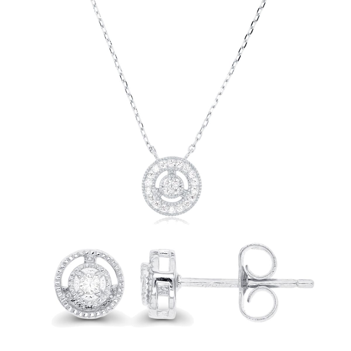 Sterling Silver Rhodium Paved Circle 18"+2" Necklace & Stud Earring Set