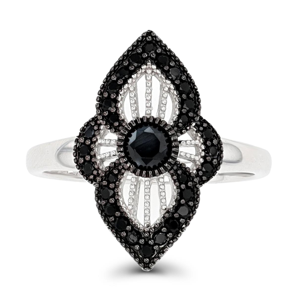 Sterling Silver Rhodium & Black Milgrain Black Spinel Flower Fashion Ring