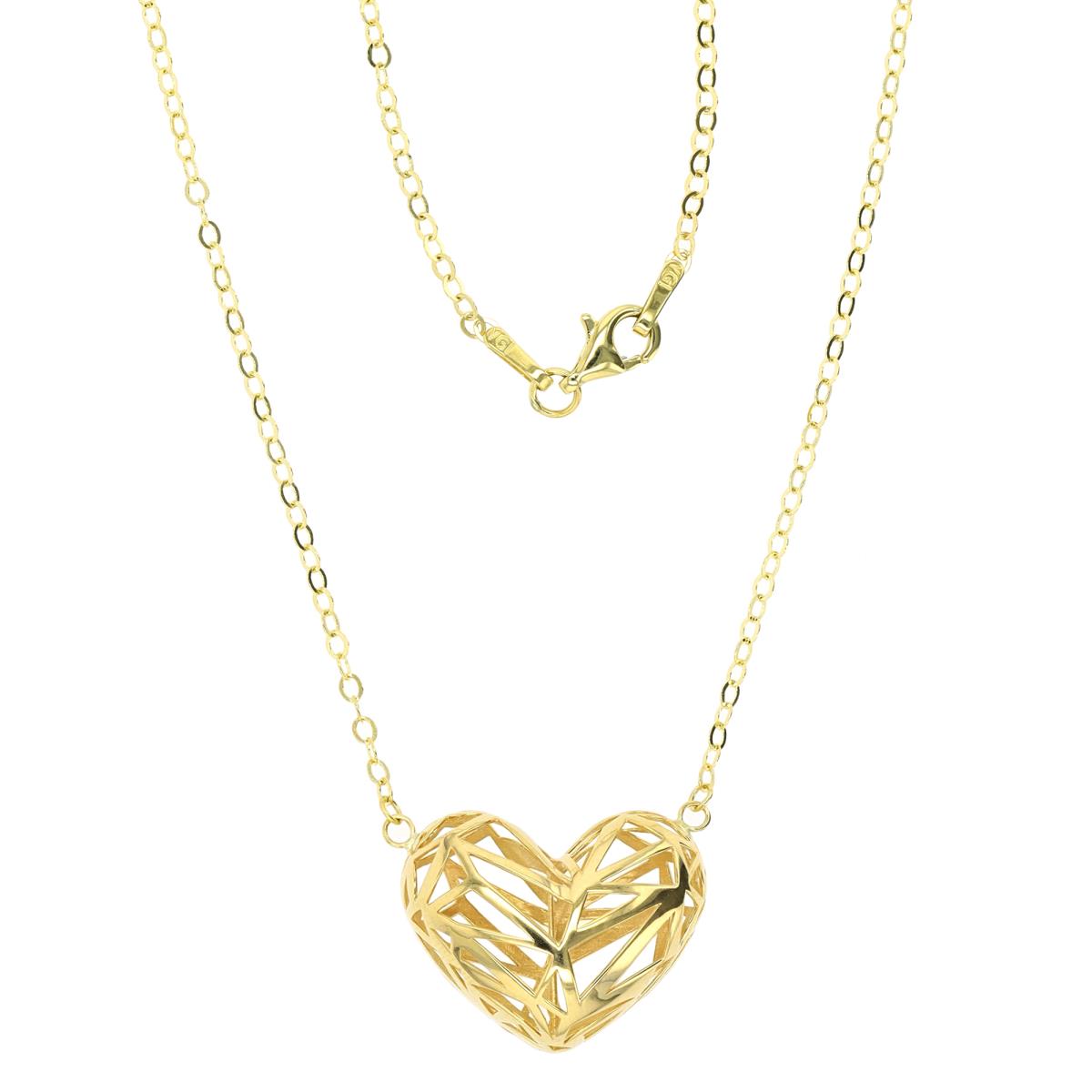 14K Yellow Gold Filigree Hollow Heart Dangling 18" Necklace