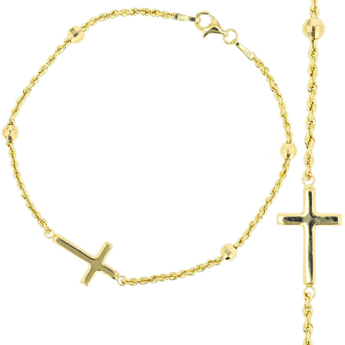 14K Yellow Gold DC Beads, Polished Cross Rope 7.5" Bracelet