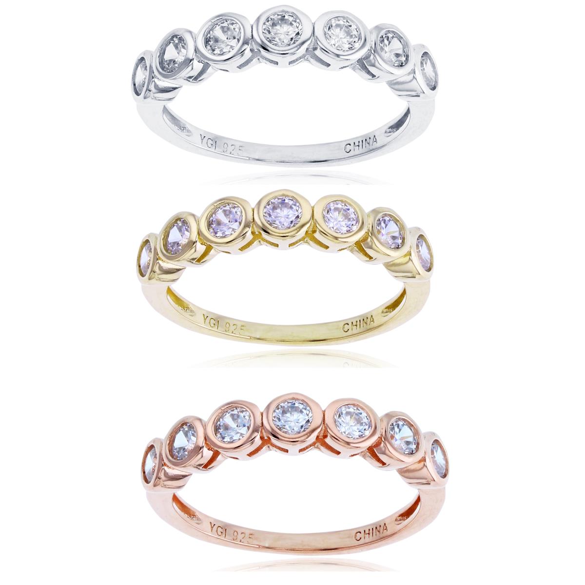 Sterling Silver Rhodium, Yellow & Rose 3mm Rnd White CZ Bezel Circle Row Set of 3 Rings