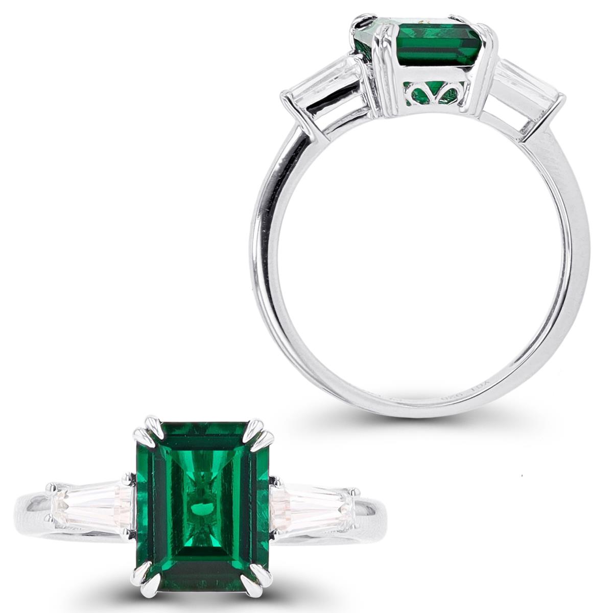 Sterling Silver Rhodium 9x7mm Oct Created Emerald & 0.36CTTW Tappered Bg Diamonds Ring
