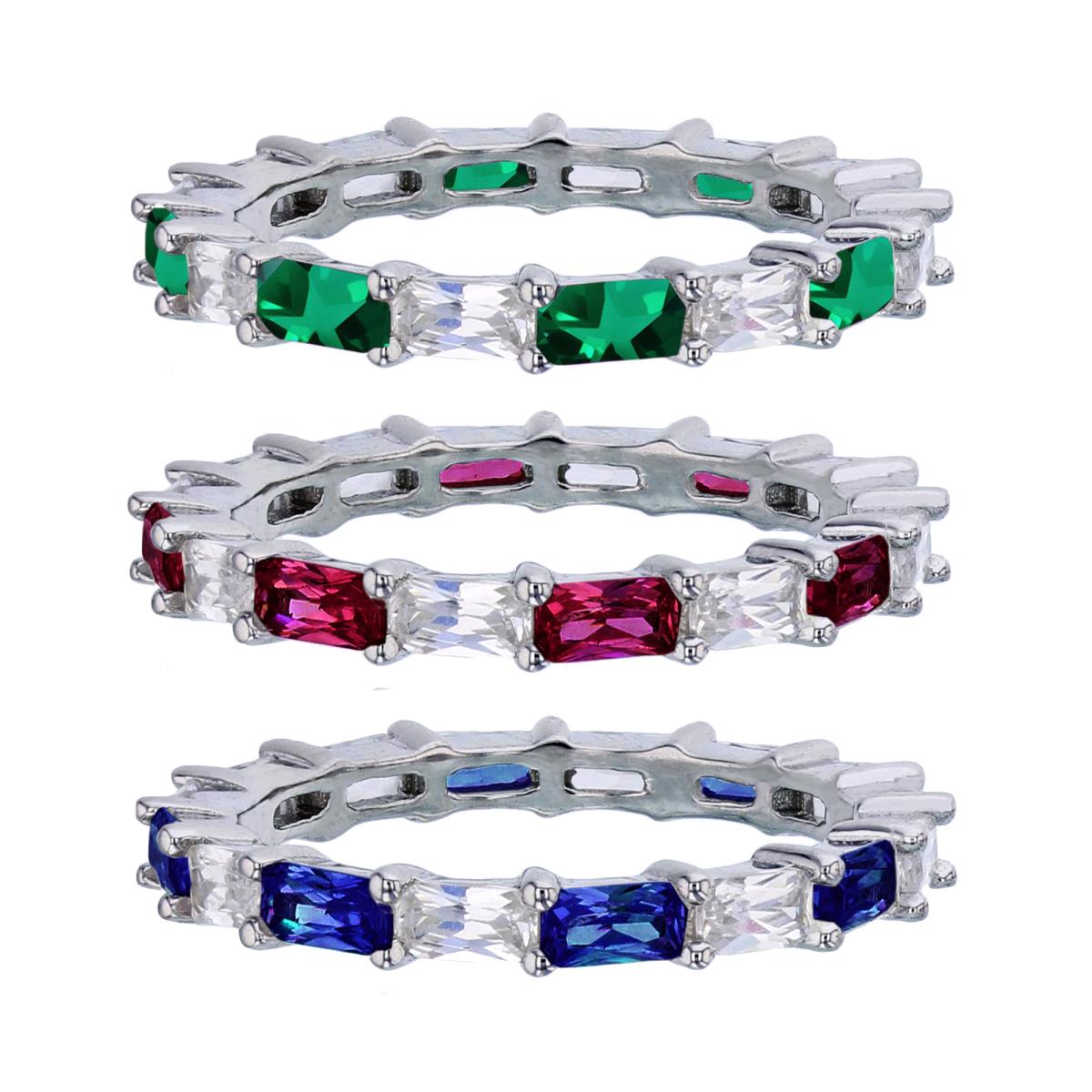 Sterling Silver Rhodium Ruby/Sapphire/Emerald White Emerald Cut CZ Set of 3 Rings