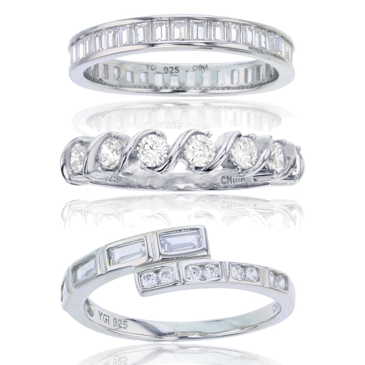 Sterling Silver Rhodium SB Channel Set, 7-Stones CZ & Bypass Set of 3 Rings