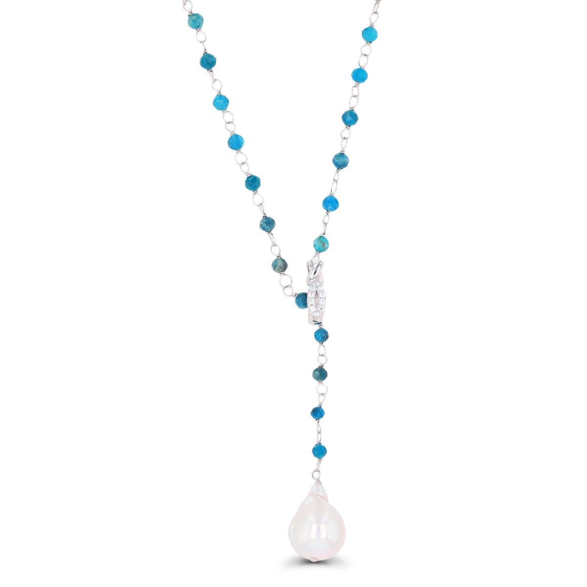 Sterling Silver Rhodium 3mm Blue Apatite Rondelle & 15x20mm Baroque Pearl Slider 24" Necklace