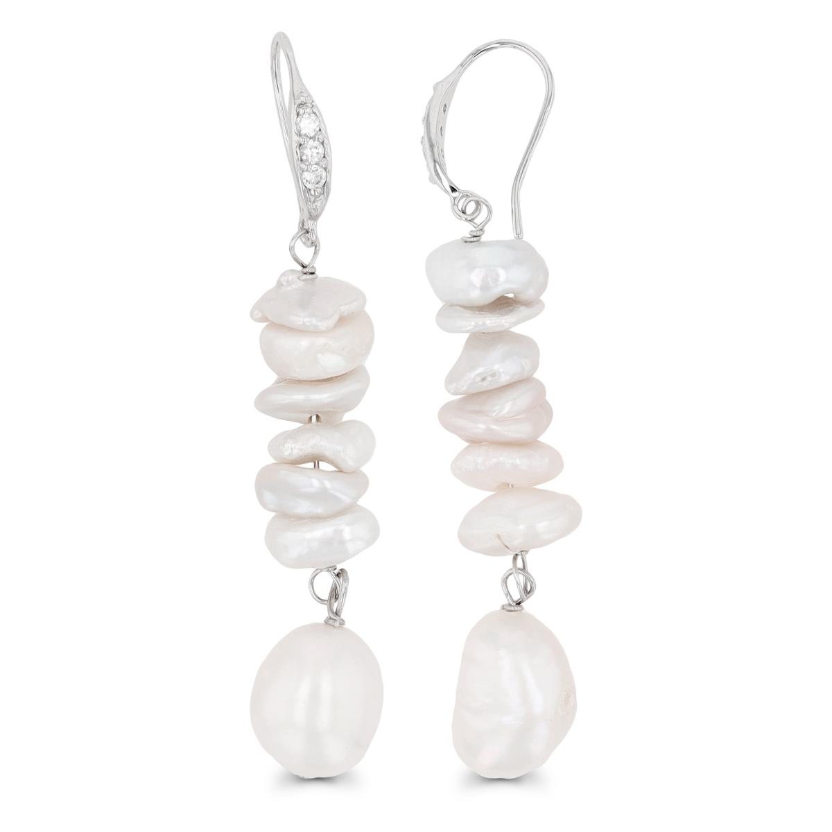 Sterling Silver Rhodium Stacked 8-9mm/ 9.3-10.3mm Keshi Pearls Dangling Earring