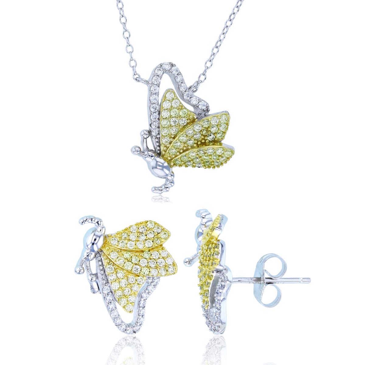 Sterling Silver Y/W Two-Tone Rnd White CZ Butterfly 18" Necklace & Earring Set