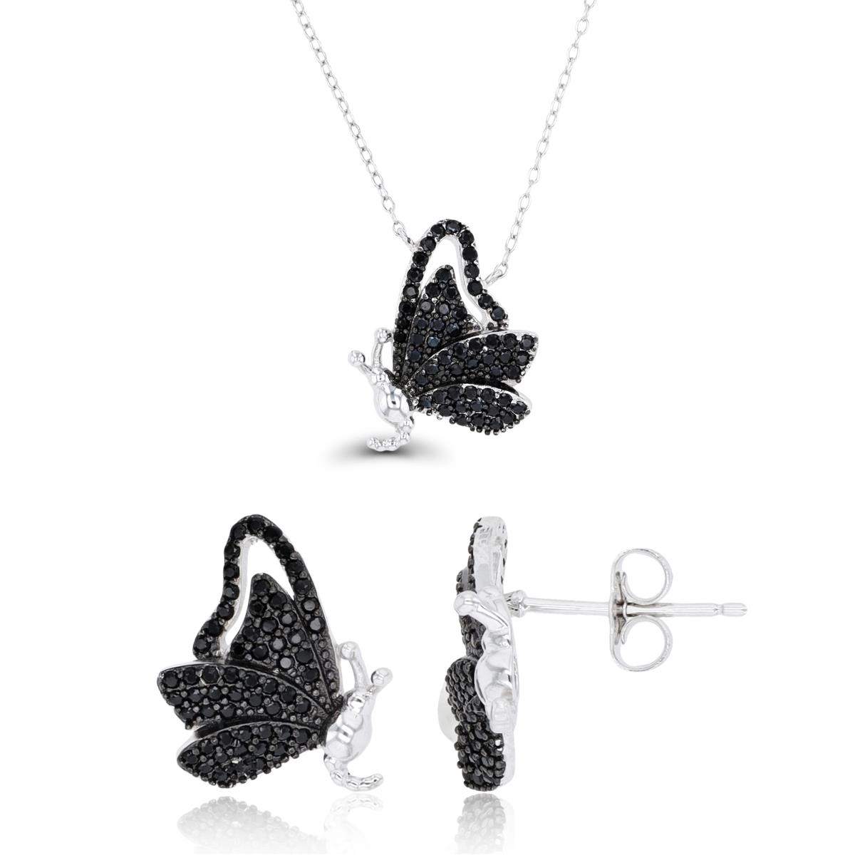 Sterling Silver Rhodium & Black Rnd White Black Spinel Butterfly 18" Necklace & Earring Set