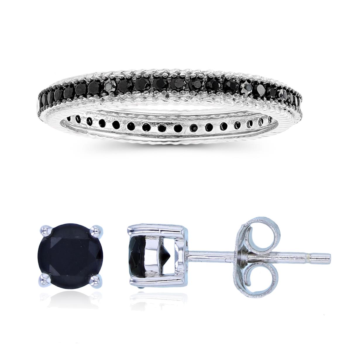 Sterling Silver Black & Rhodium Black Spinel Groove Eternity Ring & 5mm Rd Solitaire Stud Earring Set