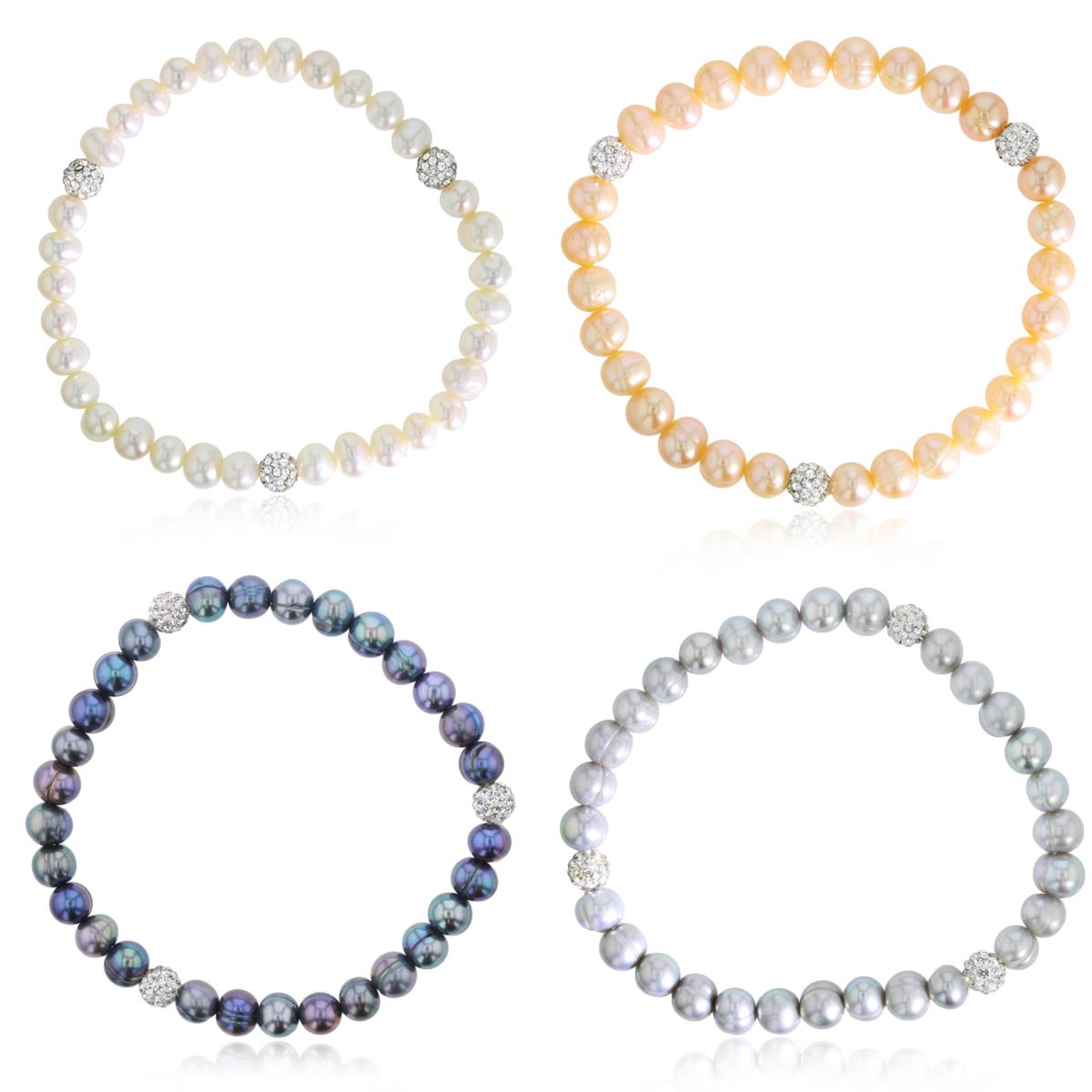 6-7mm Near Round White/Pink/ Gray/ Black Fresh Water Pearls & Crystal Ball Stretchy Bracelets Set of 4