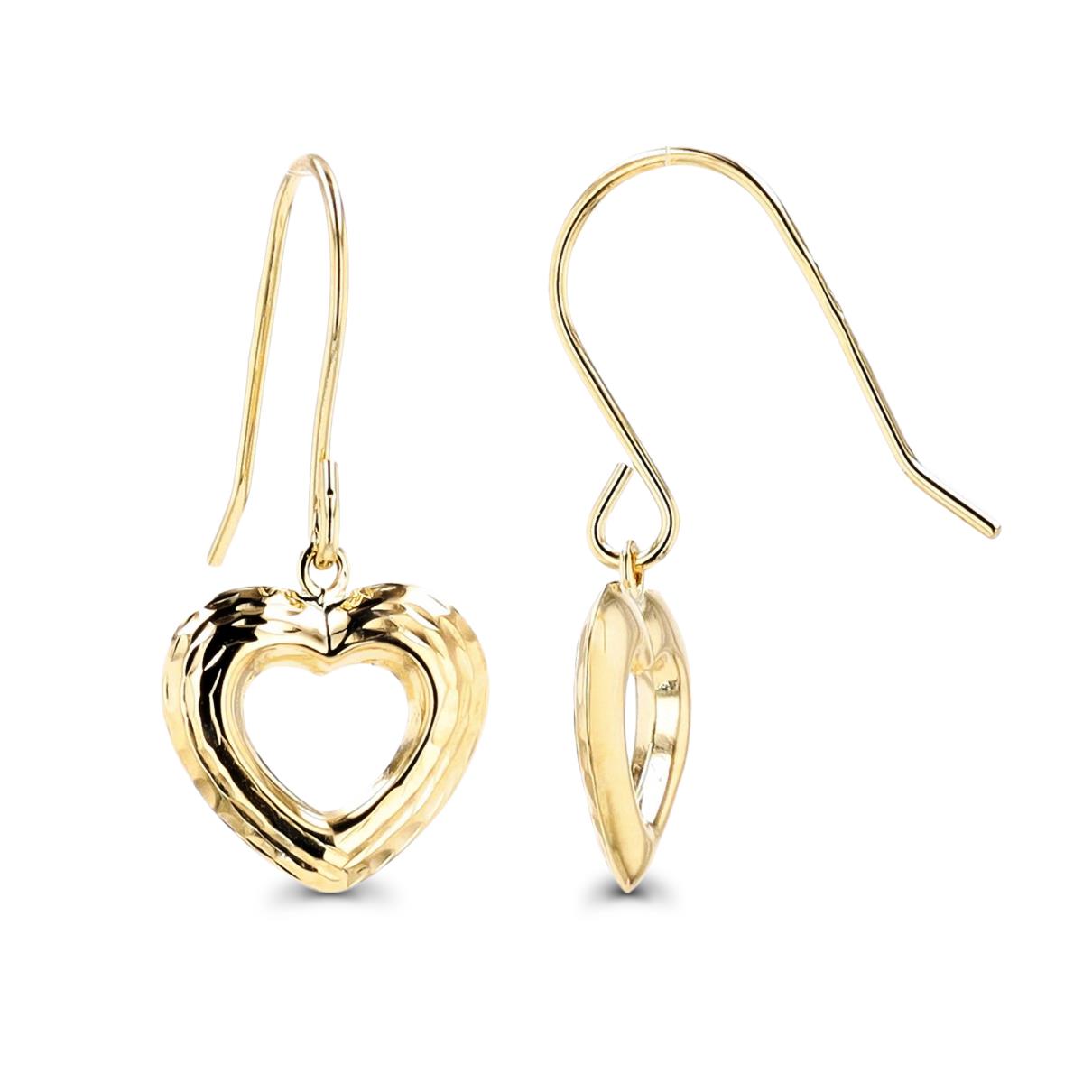 14K Yellow Gold Polished & Diamond Cut Heart FishHook Earring