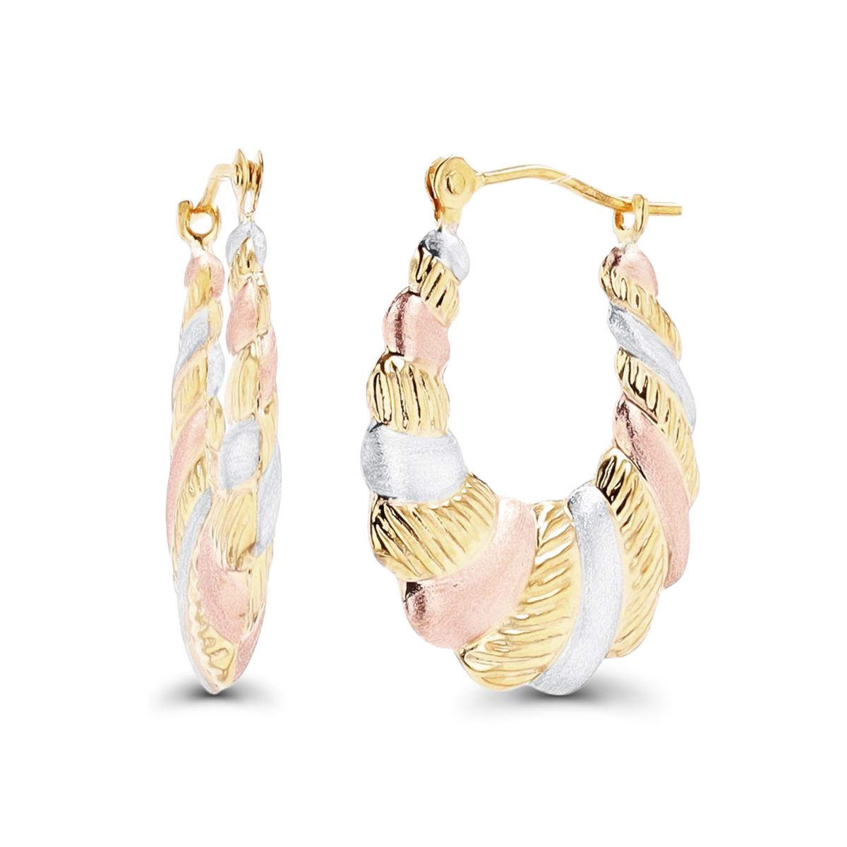 14K Tri-Color Gold Polished & Textured Graduated Shrimp Hoop Earring