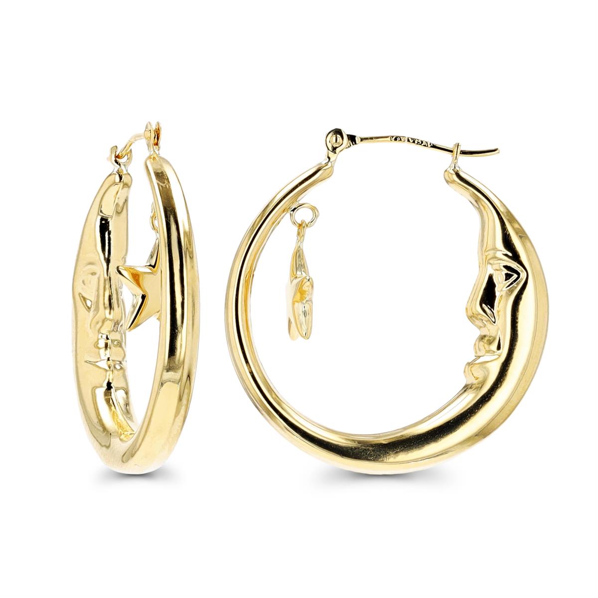 14K Yellow Gold Polished Crescent Moon and Dangling Star Hoop Earring