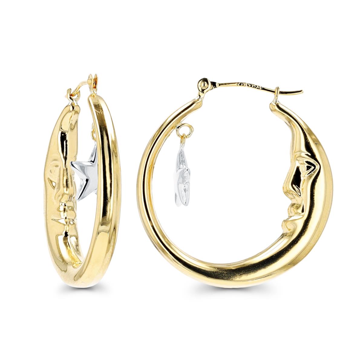 14K Two-Tone Gold Polished Crescent Moon and Dangling Star Hoop Earring