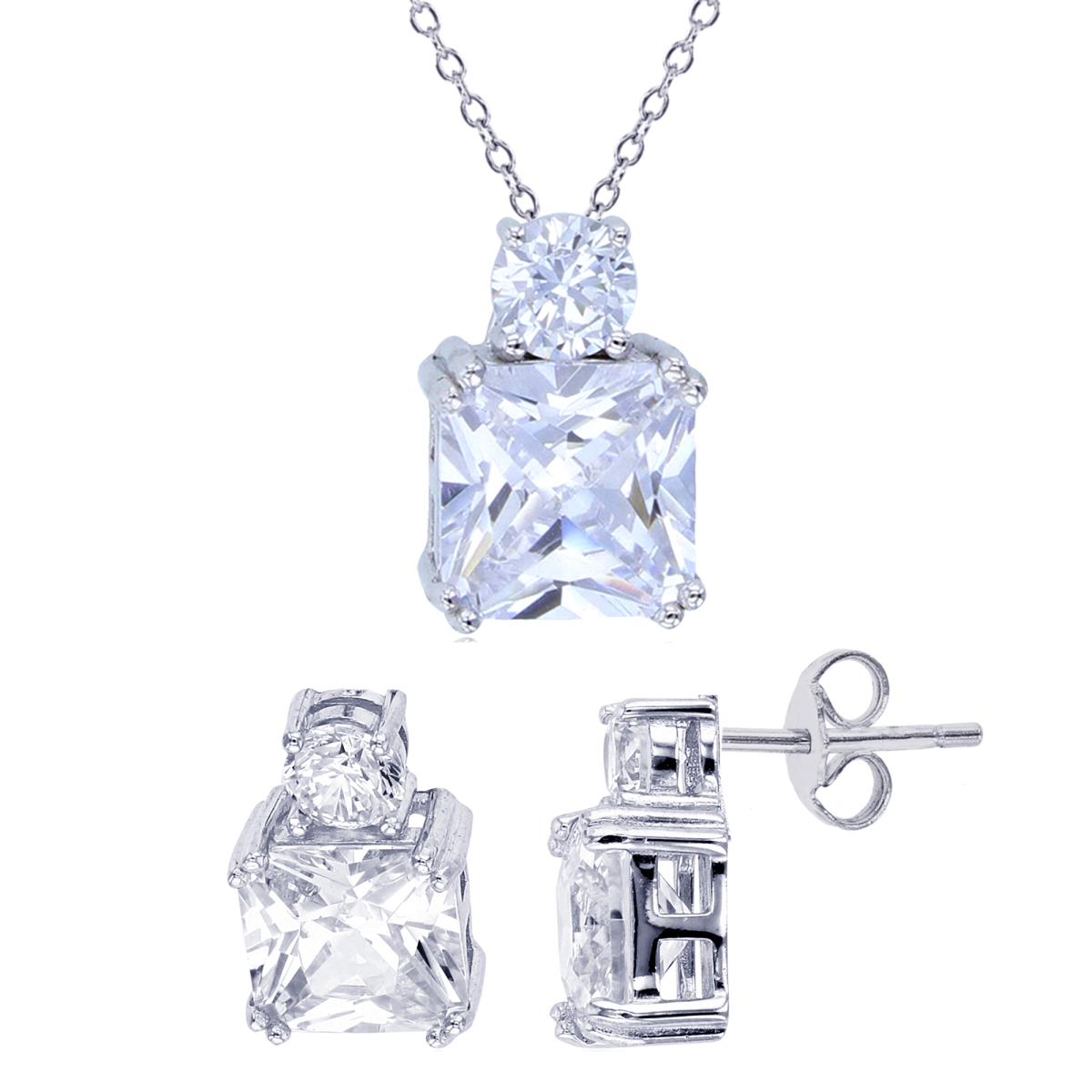 Sterling Silver Rhodium Rd/Princess CZ 18" Necklace & Stud Earring Set