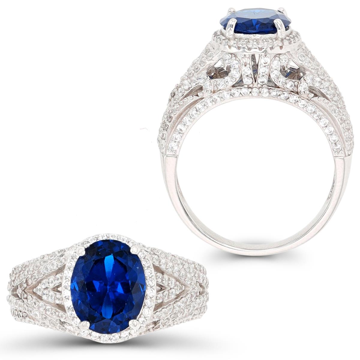 Sterling Silver Rhodium 10x8mm Ov #113 Blue & Rd White CZ Dome Fashion Ring